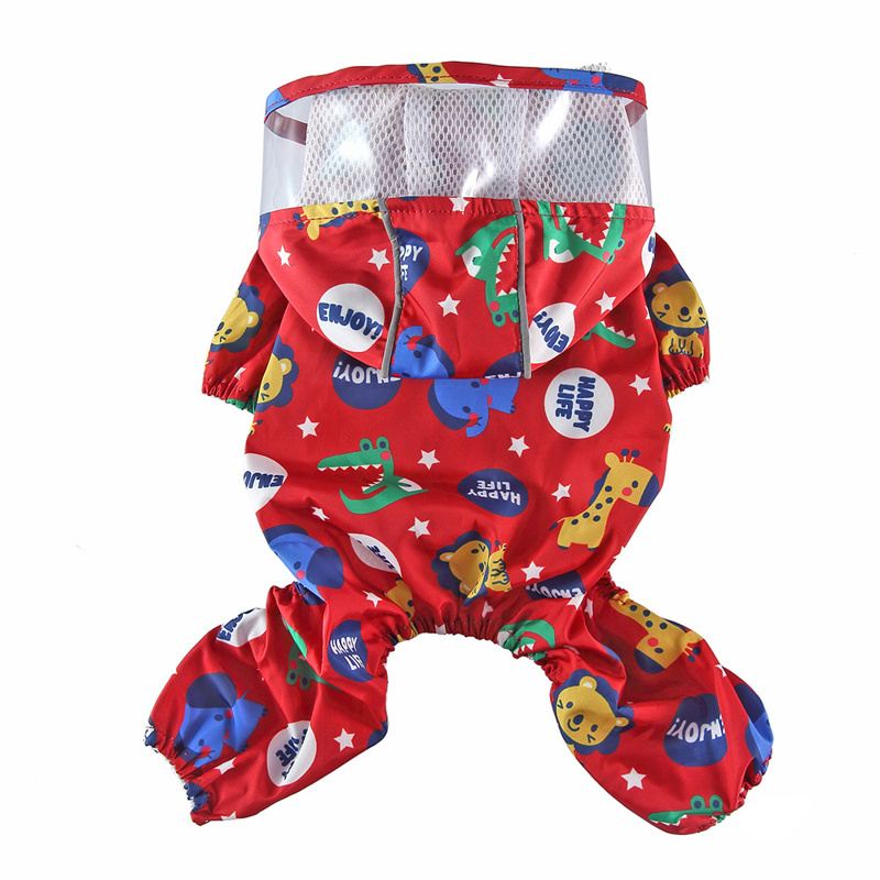Red Lion-Print Dog Raincoat with Clear Hood Brim