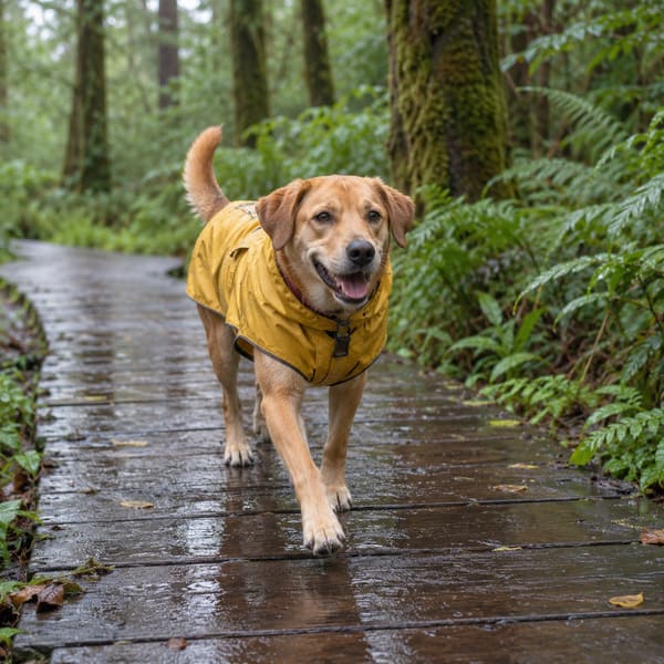 Dog running in a yellow raincoat