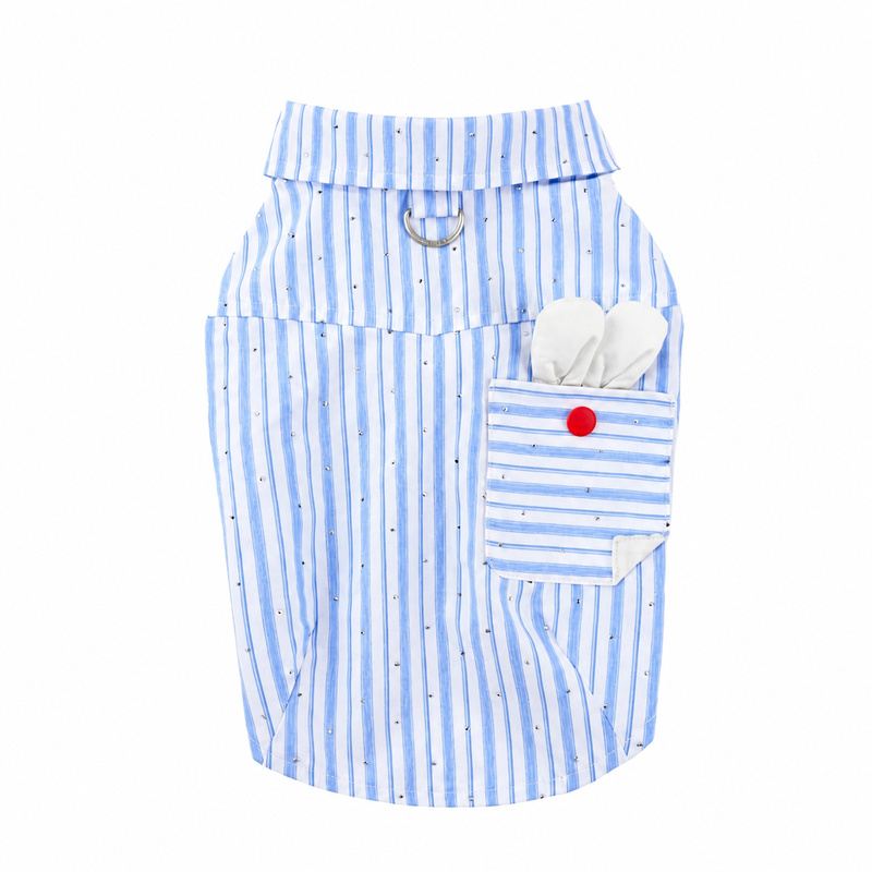 Blue Striped Dog Shirt with Red Bow