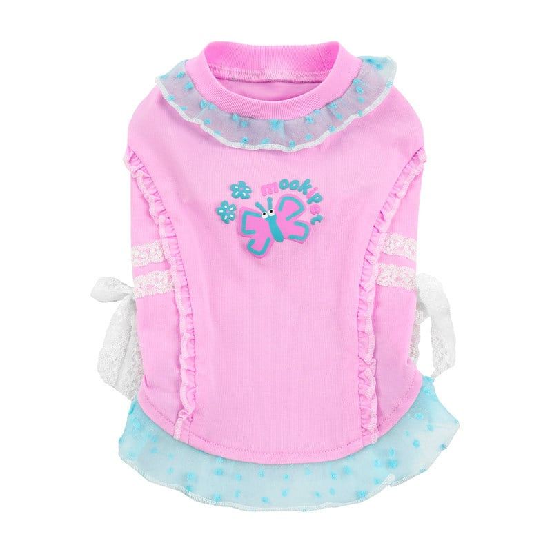 Pink Butterfly Dog Shirt with Blue Mesh Ruffles