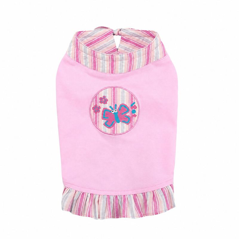 Pink Striped Dog Shirt with Butterfly Applique