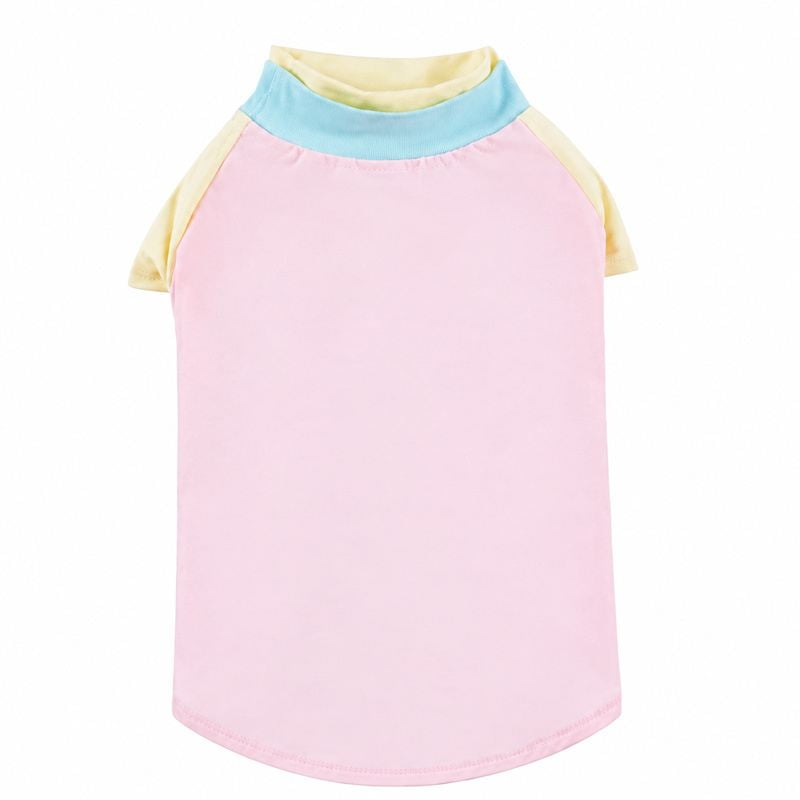 Pink Dog Shirt with Yellow Sleeves and Blue Neckline