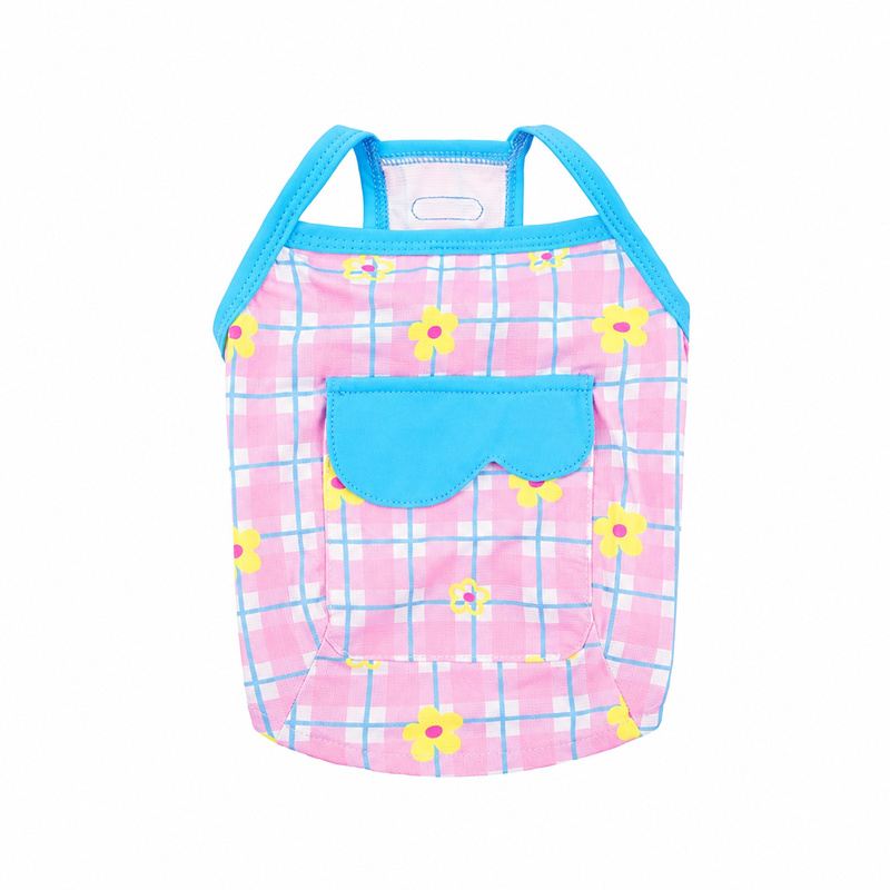 Pink Plaid Dog Tank Top with Flower Print and Scalloped Pocket