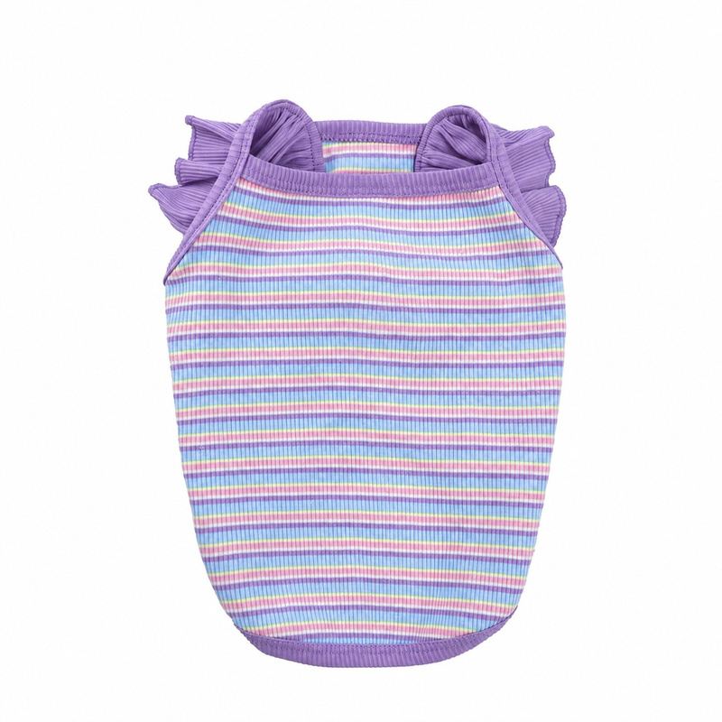 Purple Striped Ribbed Dog Tank Top with Ruffle Trim