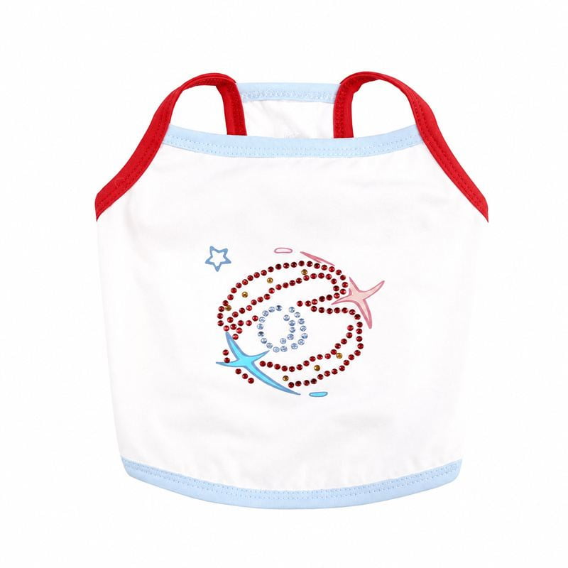 White Dog Tank Top with Beaded Swirl Motif and Red Straps