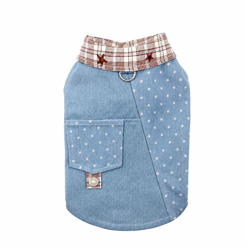 Blue Star Dog Vest with Brown Plaid Collar