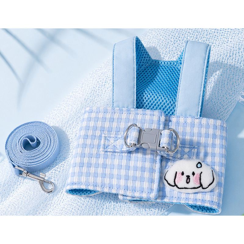 Blue Gingham Dog Vest Harness And Leash Set