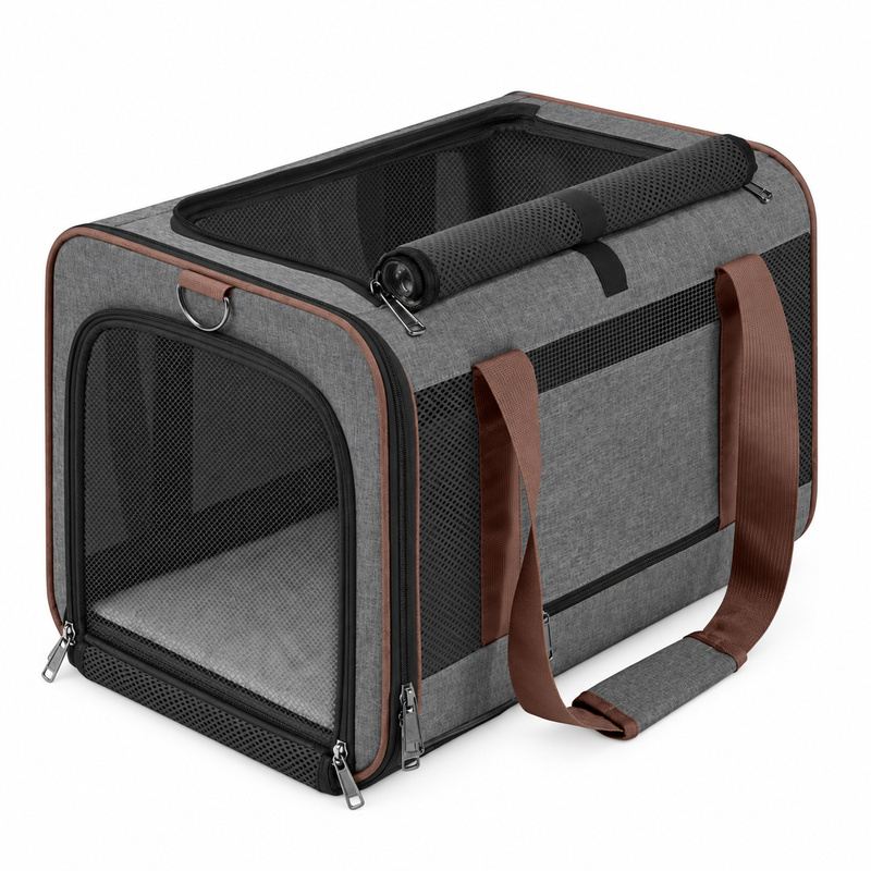 Charcoal With Brown Straps Foldable Mesh Pet Carrier