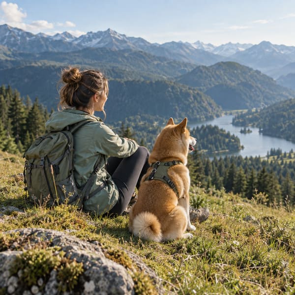 Pet owner and dog enjoying a mountain landscape