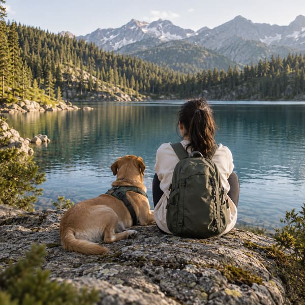 Pet owner and dog beside a mountain lake