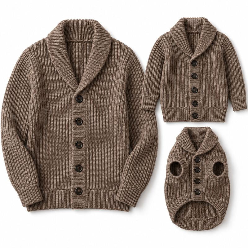 Matching Taupe Shawl-Collar Cardigans for Dogs and Owners