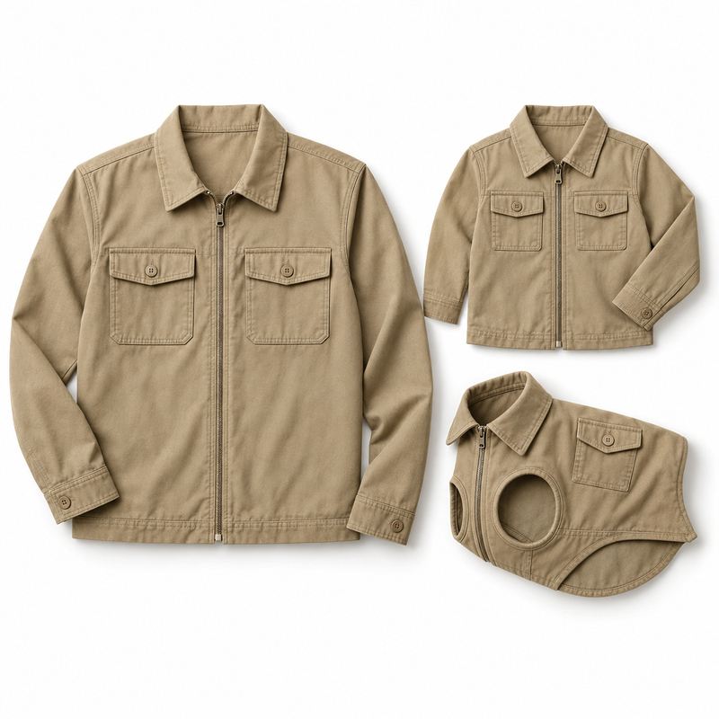 Matching Khaki Field-Style Jackets for Dogs and Owners