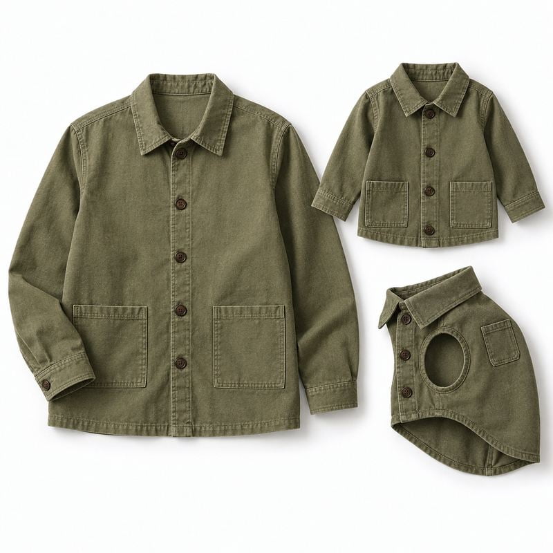 Matching Olive Chore-Style Jackets for Dogs and Owners