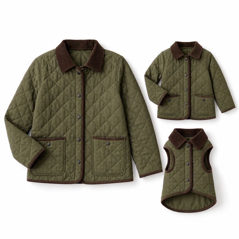Matching Olive Diamond-Quilted Jackets for Dogs and Owners