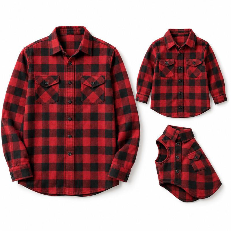 Matching Red and Black Plaid Overshirts for Dogs and Owners