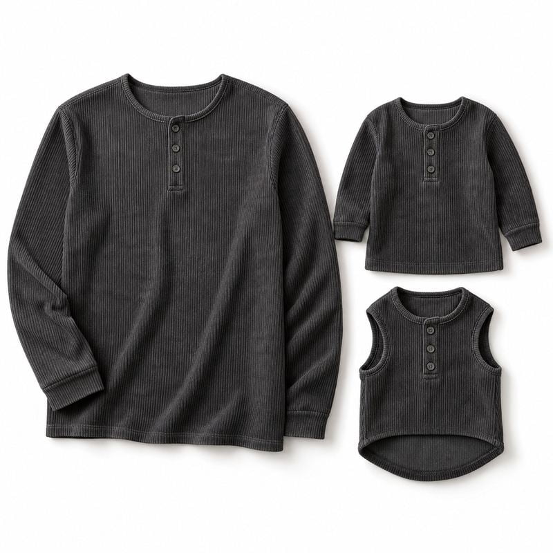 Matching Charcoal Corduroy-Textured Henley Shirts for Dogs and Owners