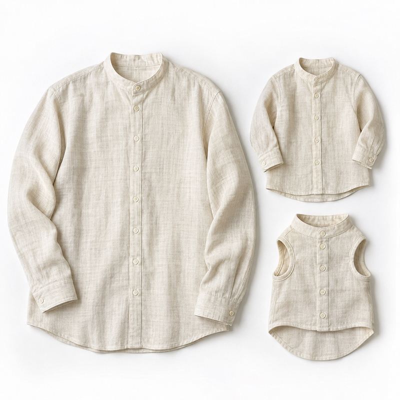 Matching Ivory Textured Band-Collar Shirts for Dogs and Owners