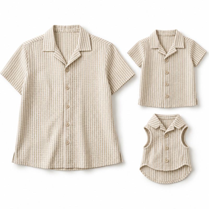 Matching Sand Seersucker-Textured Shirts for Dogs and Owners
