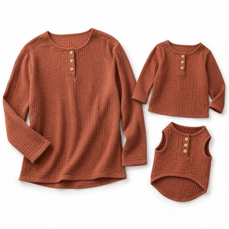 Matching Terracotta Gauze-Textured Henley Shirts for Dogs and Owners