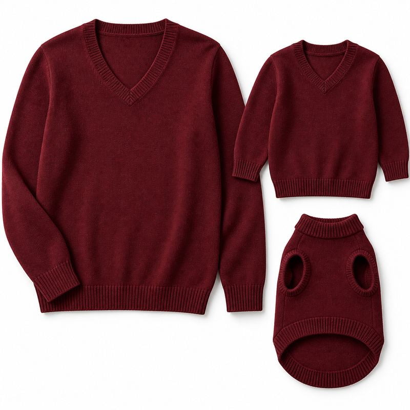 Matching Burgundy V-Neck Sweaters for Dogs and Owners