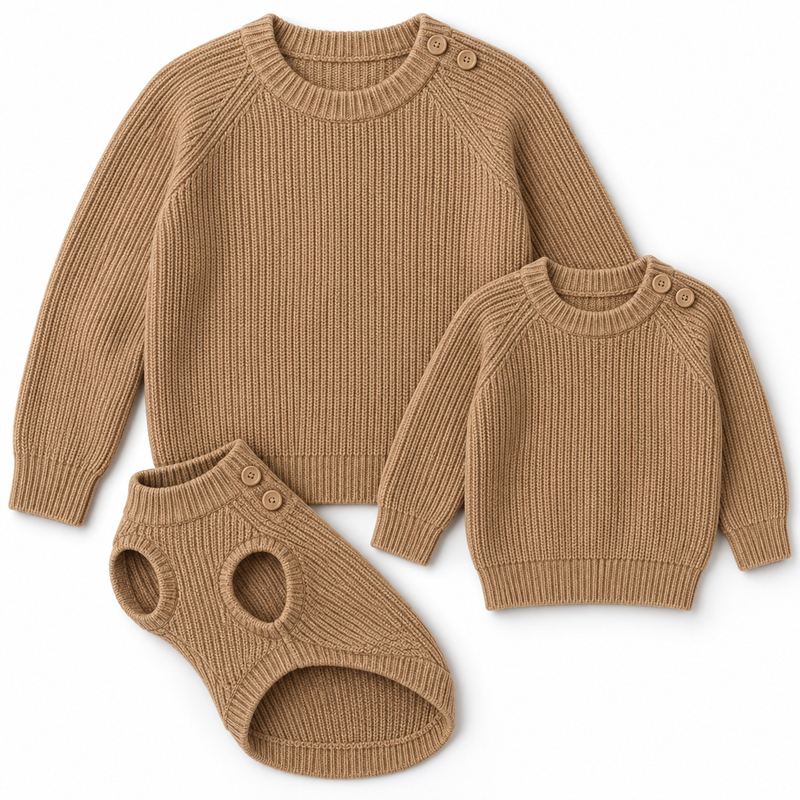 Matching Camel Shoulder-Button Sweaters for Dogs and Owners