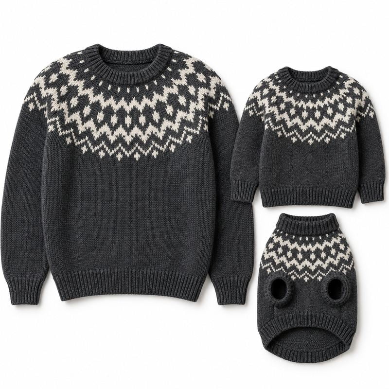 Matching Charcoal and Cream Yoke Knit Sweaters for Dogs and Owners