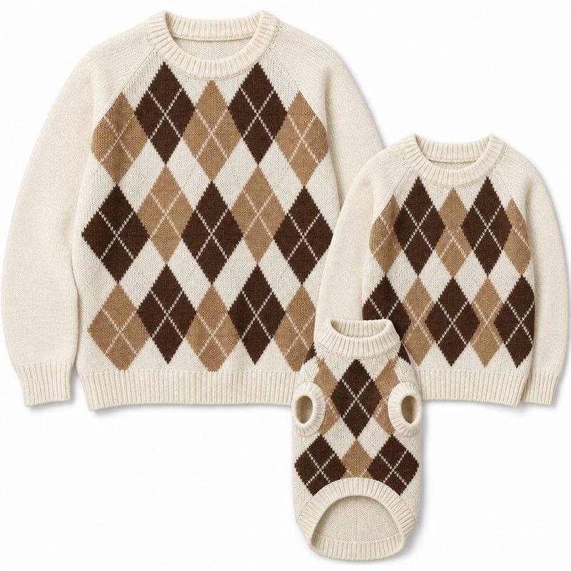 Matching Cream and Brown Argyle Sweaters for Dogs and Owners