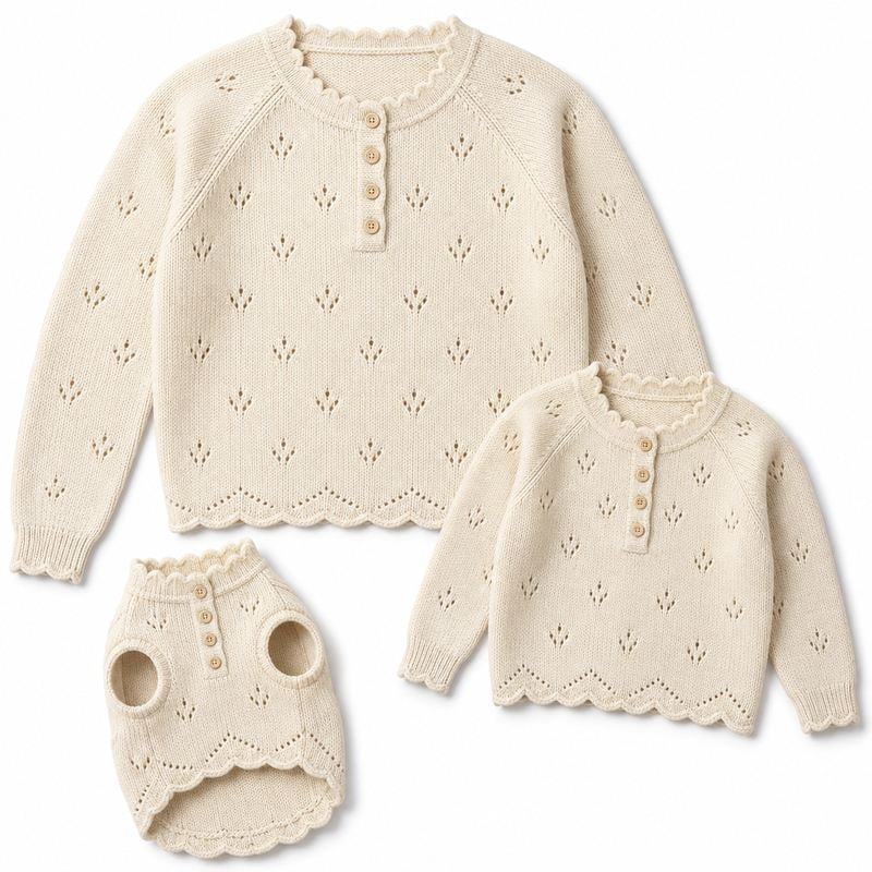 Matching Cream Scalloped Henley Knit Sweaters for Dogs and Owners