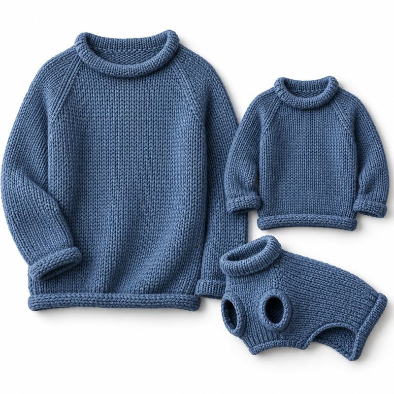 Matching Denim Blue Roll-Neck Sweaters for Dogs and Owners