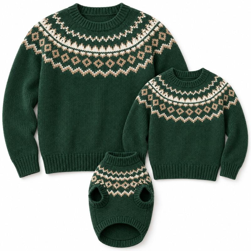 Matching Forest Green Fair Isle Sweaters for Dogs and Owners