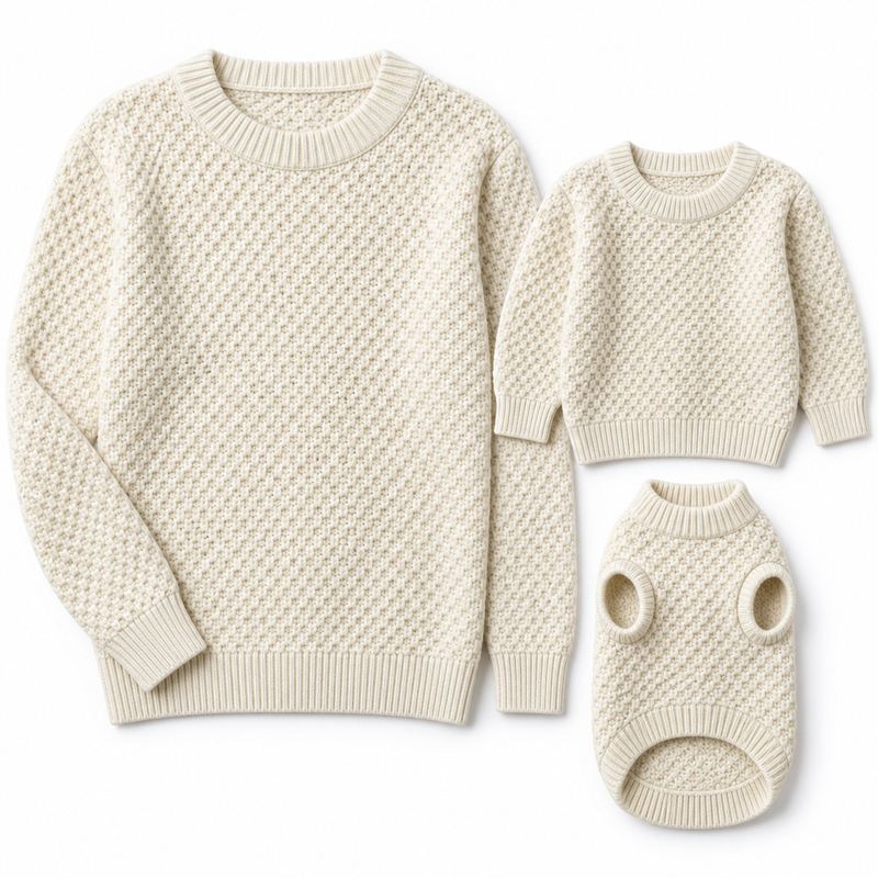 Matching Ivory Honeycomb Knit Sweaters for Dogs and Owners
