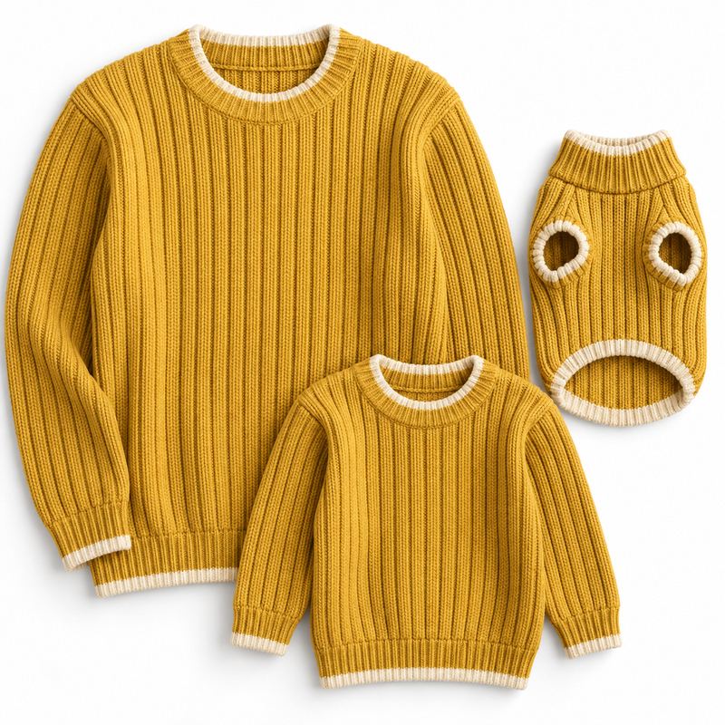 Matching Mustard Knit with Cream Trim Sweaters for Dogs and Owners