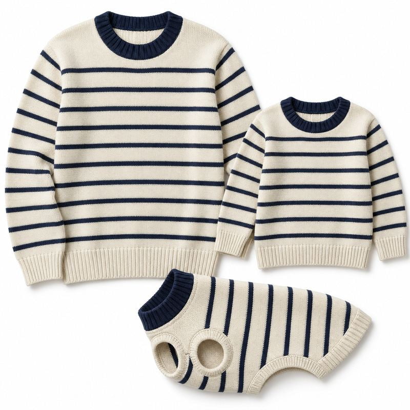 Matching Navy and Cream Breton Stripe Sweaters for Dogs and Owners