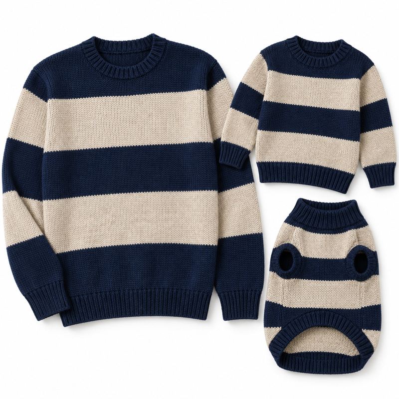 Matching Navy and Oatmeal Rugby Stripe Sweaters for Dogs and Owners