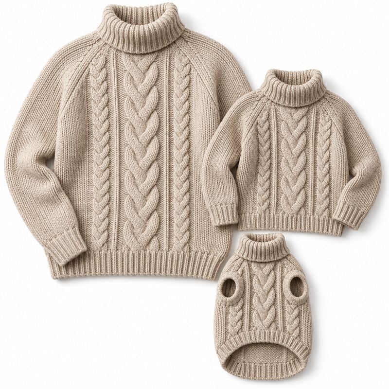 Matching Oatmeal Cable Turtleneck Sweaters for Dogs and Owners