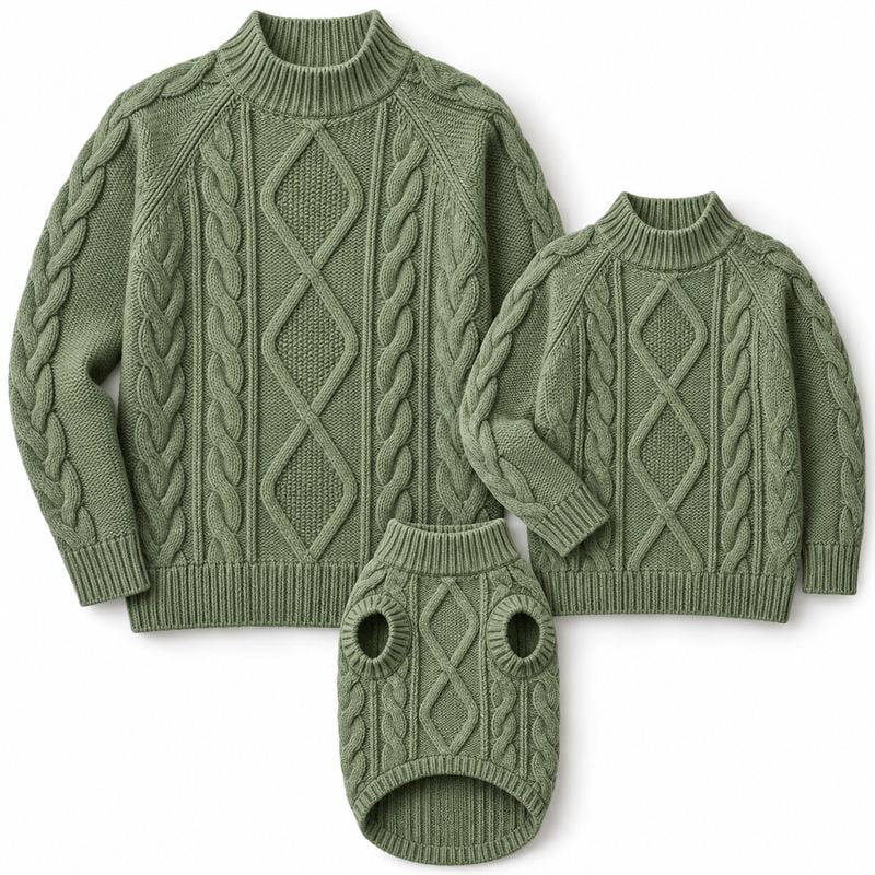 Matching Sage Diamond Cable Sweaters for Dogs and Owners