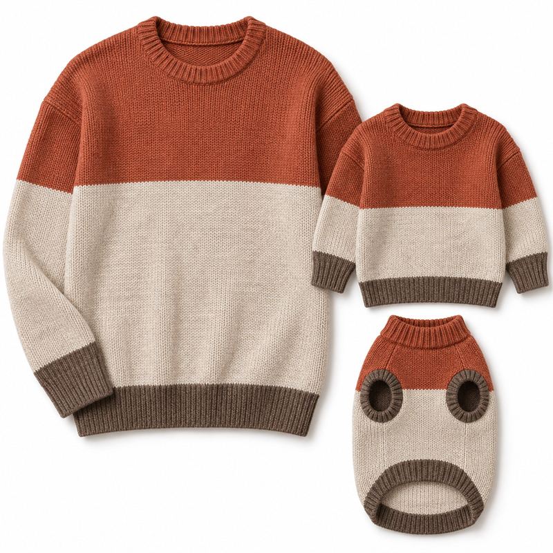 Matching Terracotta Colorblock Knit Sweaters for Dogs and Owners