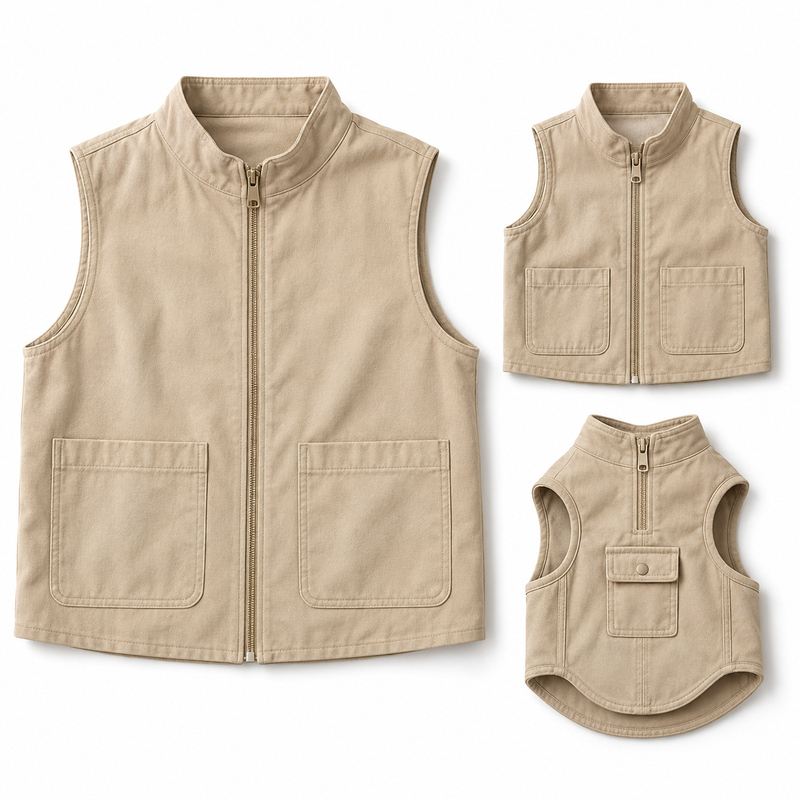 Matching Beige Utility-Style Vests for Dogs and Owners
