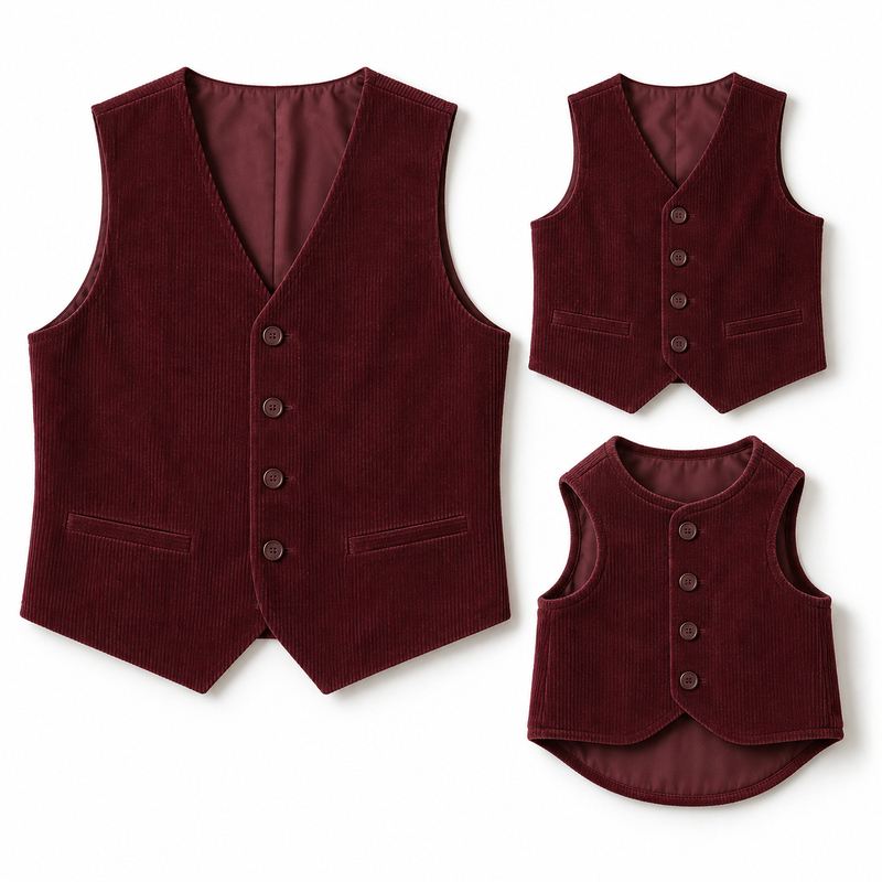Matching Burgundy Corduroy-Textured Vests for Dogs and Owners