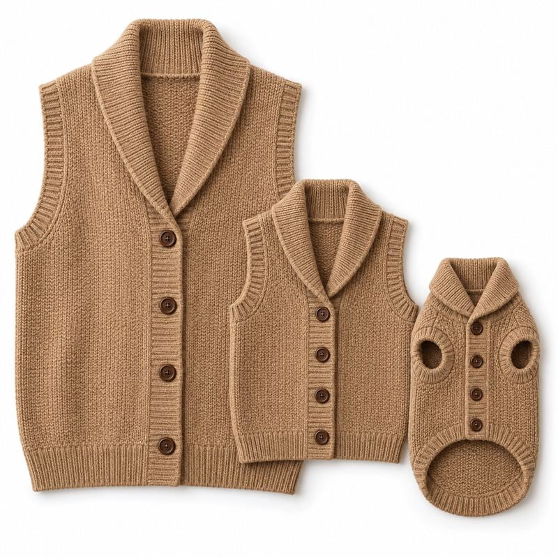 Matching Camel Shawl-Collar Knit Vests for Dogs and Owners