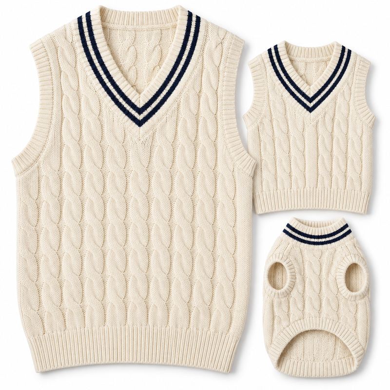 Matching Ecru and Navy Tennis-Style Knit Vests for Dogs and Owners