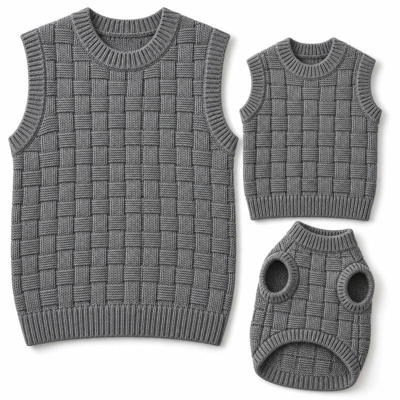 Matching Gray Basketweave Knit Vests for Dogs and Owners