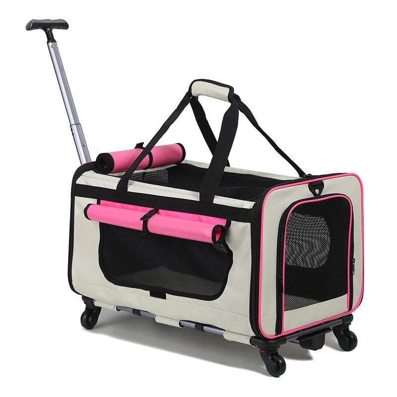 Pink-Trim Rectangular Pet Carrier With Wheels