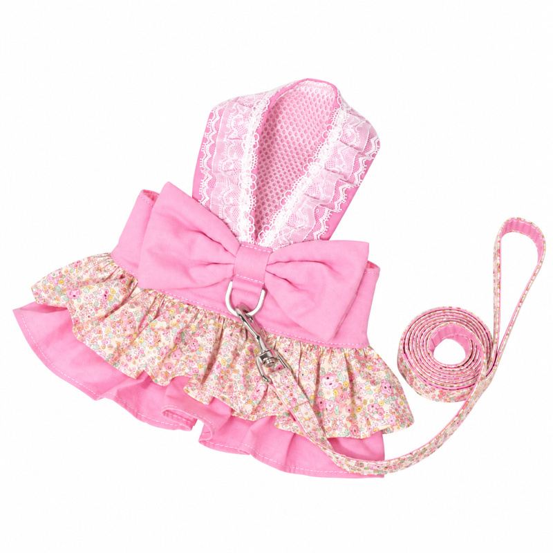Pink Floral Lace Pet Dress And Leash Set