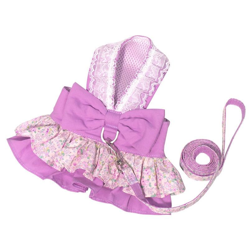 Purple Floral Lace Pet Dress And Leash Set
