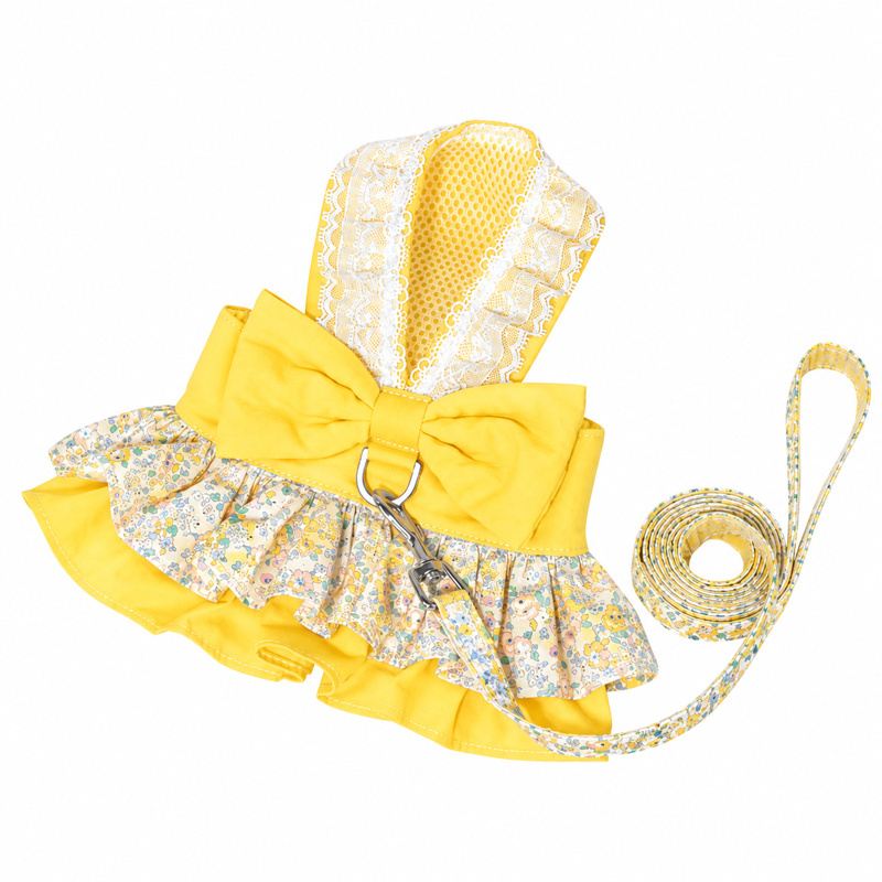 Yellow Floral Lace Pet Dress And Leash Set