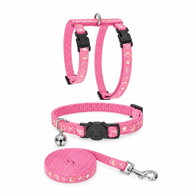Pink Star And Moon Pet Harness, Collar And Leash Set