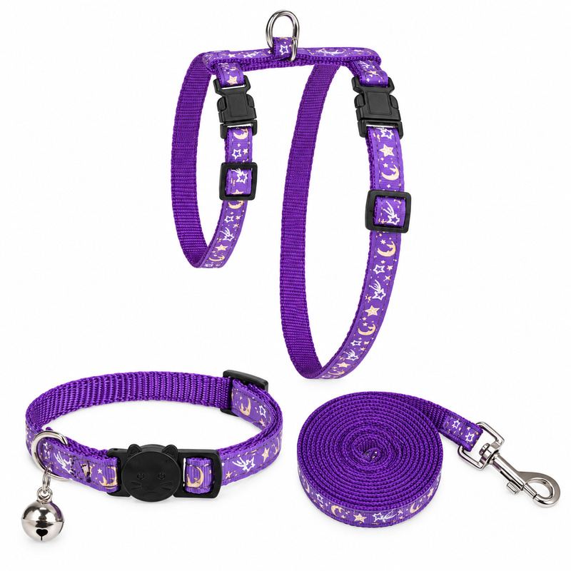 Purple Star And Moon Pet Harness, Collar And Leash Set