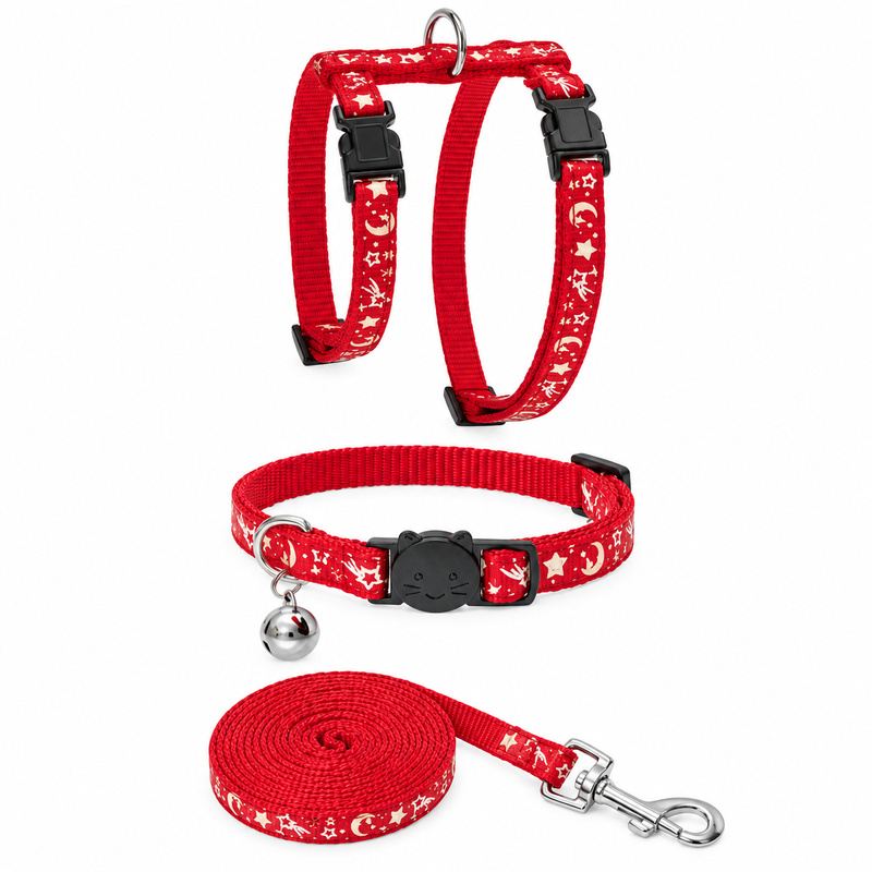 Red Star And Moon Pet Harness, Collar And Leash Set