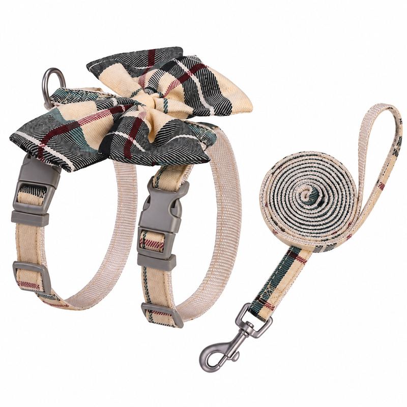 Beige Plaid Bow Strap Pet Harness And Leash Set
